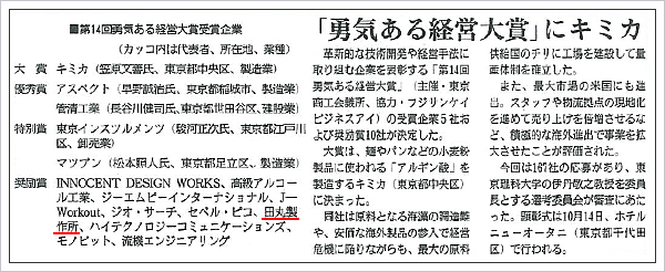 第14回勇気ある経営大賞 奨励賞受賞